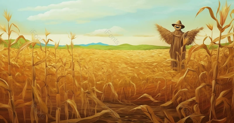 玉米地里的稻草人守护稻田插画背景,插画/手绘图,插画/手绘图库,插画/手绘图下载,插画/手绘